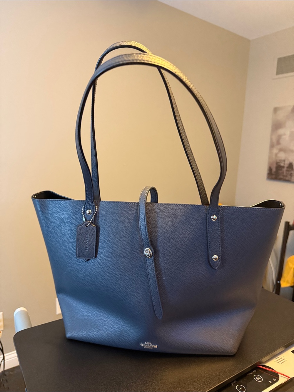 Coach Navy Pebble Leather Tote with Double Straps